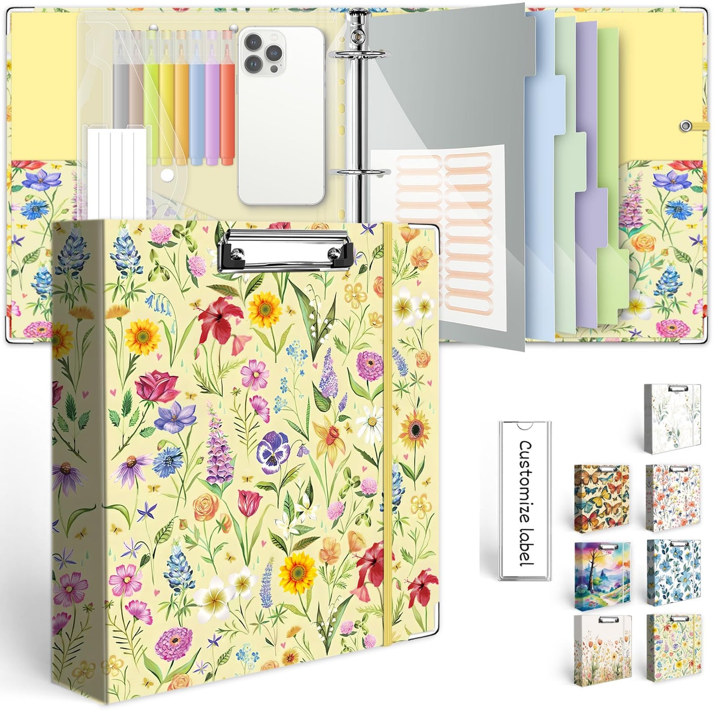 3 Ring Binder 2 Inch, Three Ring Binders Organizer with Clipboard, 5-Tabs Pockets Dividers, Plastic Folder, 18 Divider Stikers, KLLVE Cute Binder with Pen Loop (Garden Party, Letter Size)