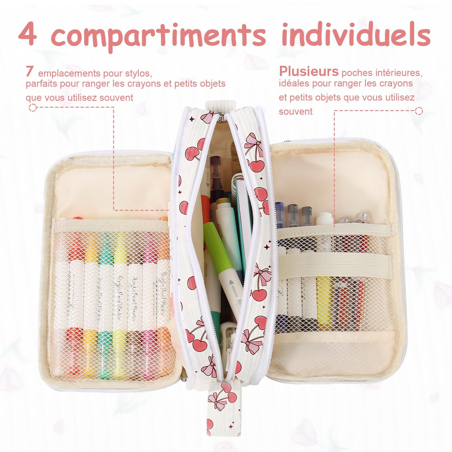BuyCard Large Capacity Pencil Case, White With Pink Cherry Pattern, Corduroy Pencil Bag with Zipper Closure, Graduation Gift Office Stationery Storage Pen Pouch for Classroom Teacher