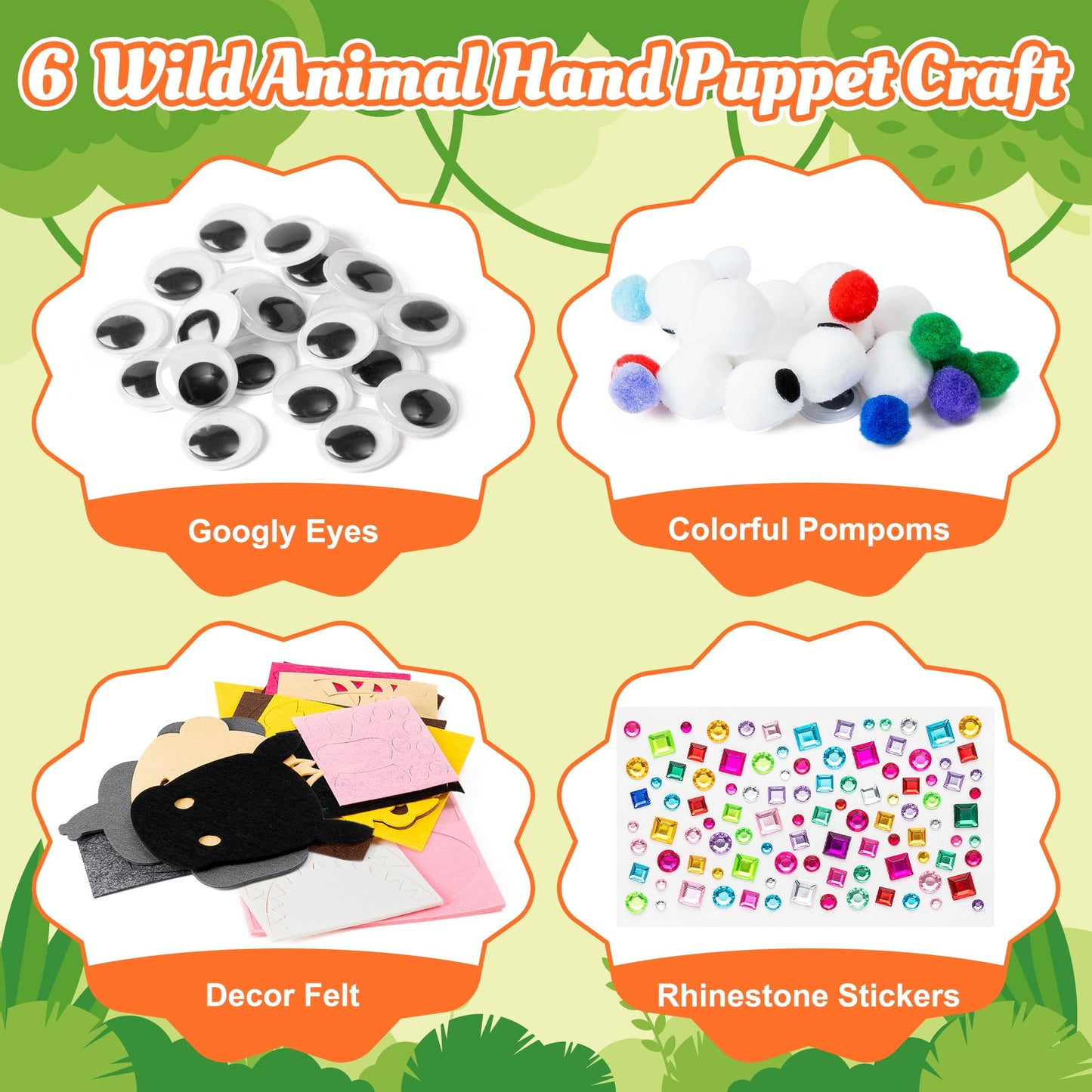WATINC 6Pcs Hand Puppet Making Kit, Art Craft Felt Sock Puppet Toys, Creative DIY Make Your Own Pompoms Wiggle Googly Eyes Storytelling Role Play Party Supplies Gift for Girls Boys (Wild Animals A)