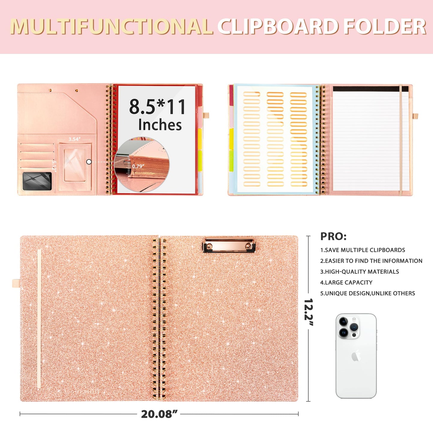 Ospelelf Clipboard with Storage for Women, Leather Padfolio Portfolio Organizer 5 Folders with 10 Pockets, Spiral Clipboard Folio with Notepad for Letter Size, Elastic Closure and Pen Loop Rose Gold