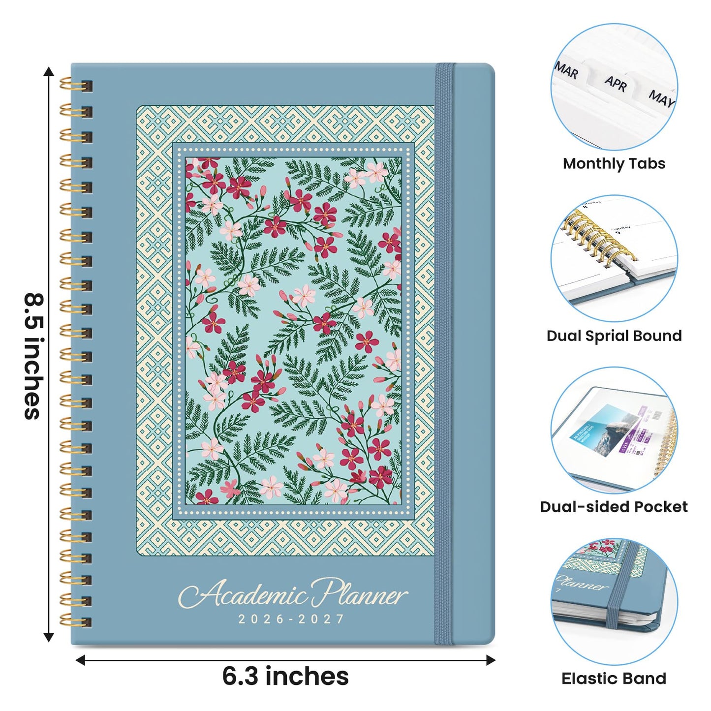 Academic Planner 2026-2027, Monthly and Weekly Calendar Planner, July 2026 - June 2027, Pretty Hardcover Teacher Student Planning Agenda Book with Tabs, Fit for School Office Supplies, 6.3" x 8.5", Spring Lattice