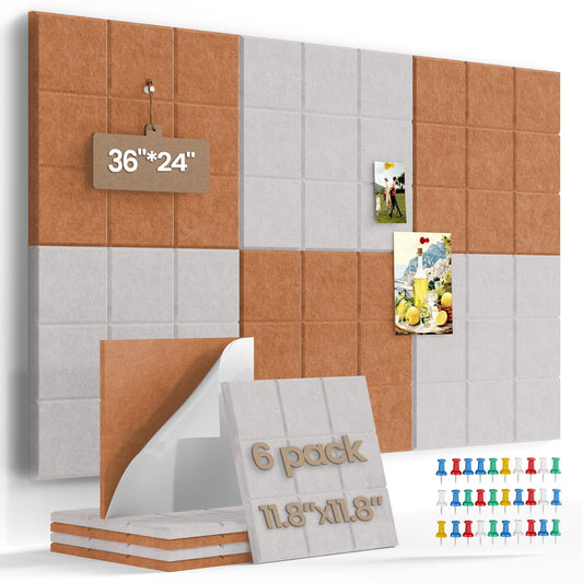Uoisaiko Large Felt Board Tiles for Wall with 30 Push Pins, 11.8"x11.8" Pack of 6 Pin Board Notice Boards for Home Office Kitchen, Bulletin Board Wall Tiles for Photos Memos (Orange+Grey, 6 Pack)