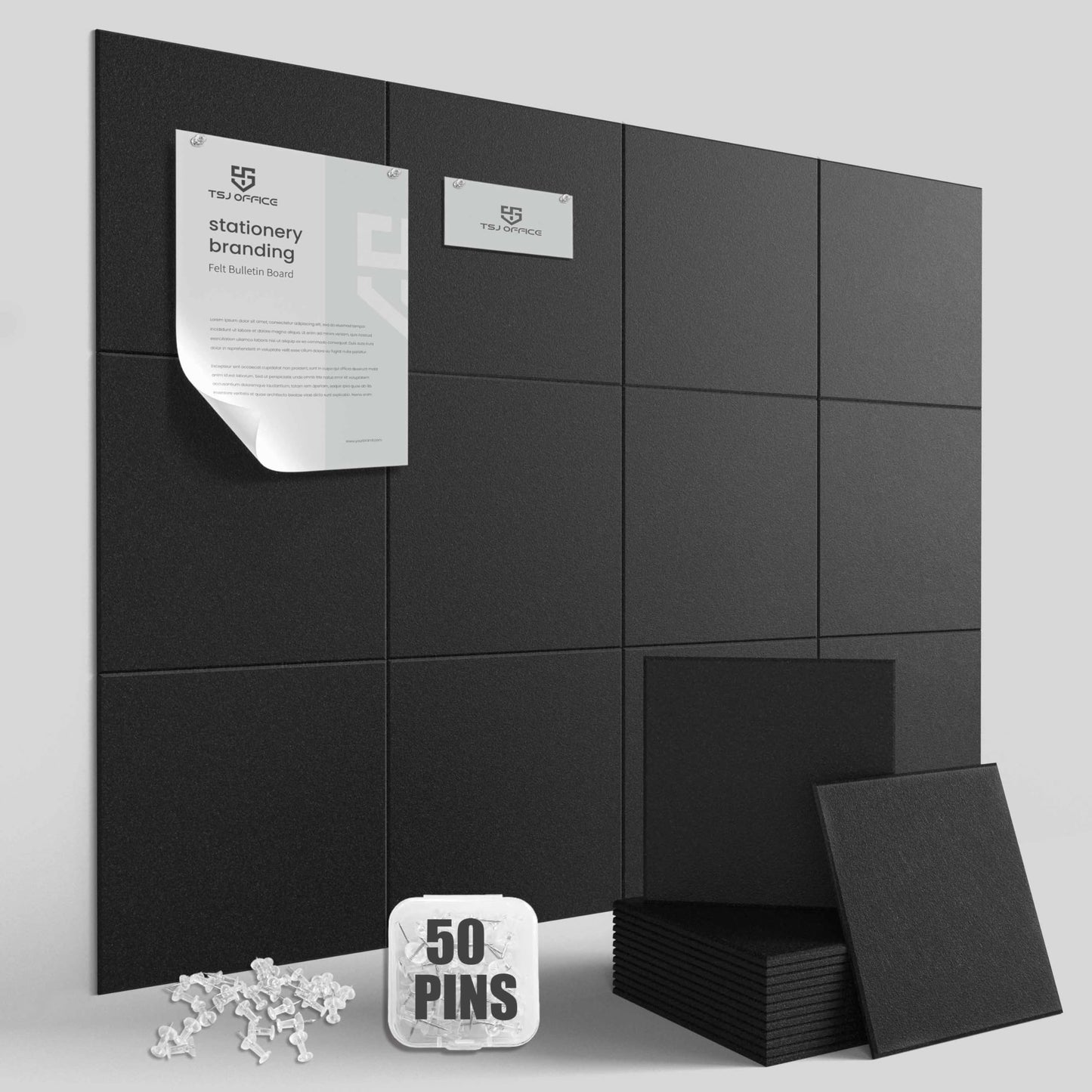 Large Cork Bulletin Board Wall - 48" x 36" Felt Pin Board TSJ OFFICE 12 Pack Tiles Set with 50 Pushpins & Safe Removable Adhesive Tabs, Corkboard for Office Home Office Decor Classroom Display - Black