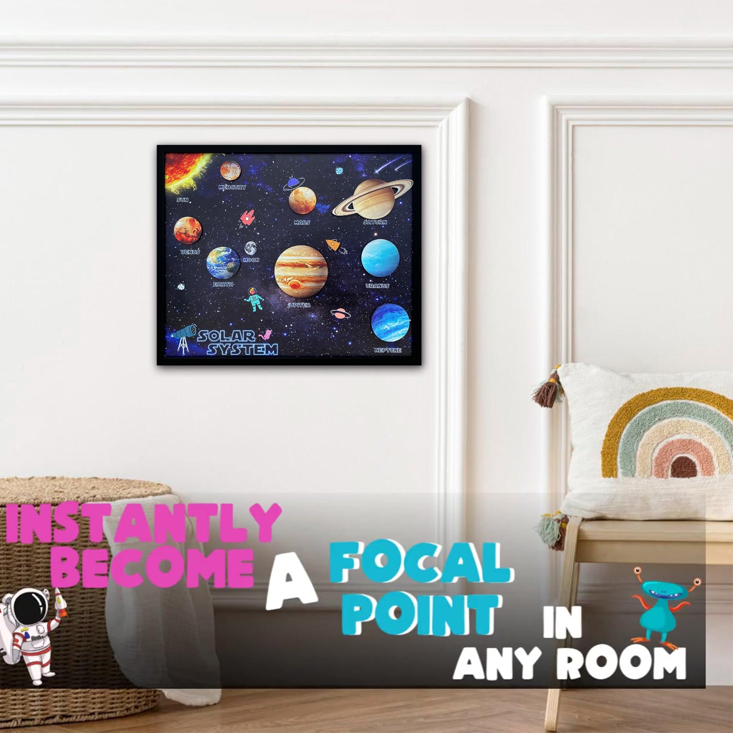 flinelife Wooden Solar System Wall Art Decor, 12x10, Perfect for Homeschool Classroom, Nursery, Kids Playroom Decor