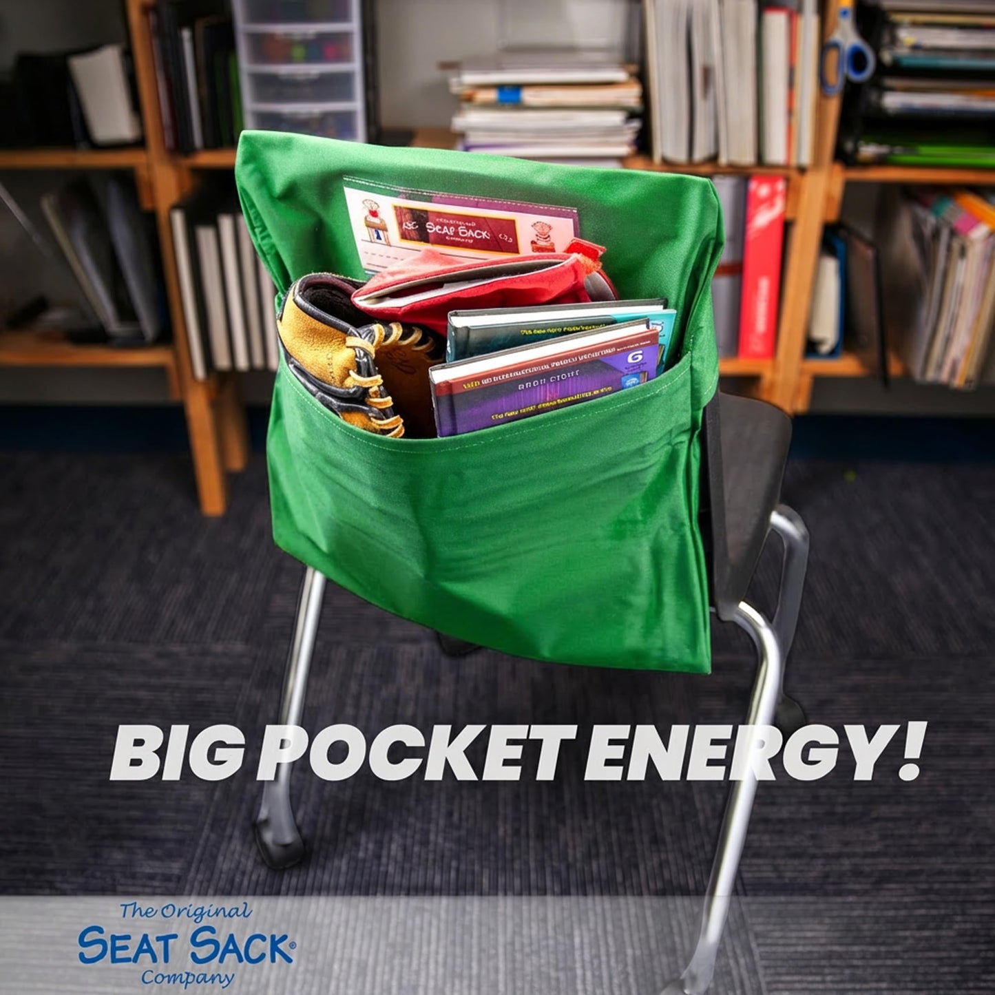 Seat Sack Student Chair Storage Pocket - 12", Classroom Chair Organizer for Student Desks, Durable Over-the-Chair Storage, Green, 1-Pack