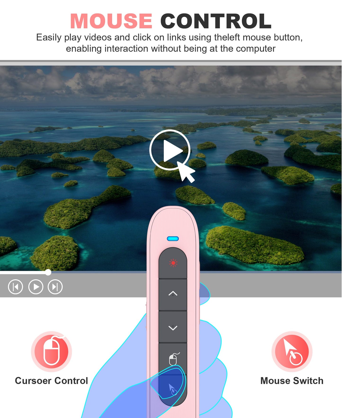 DINOSTRIKE Pink Wireless Presentation Remote with Air Mouse, Rechargeable USB C Slide Clicker Compatible with PowerPoint for Mac and Windows Laptops (2.4GHz)