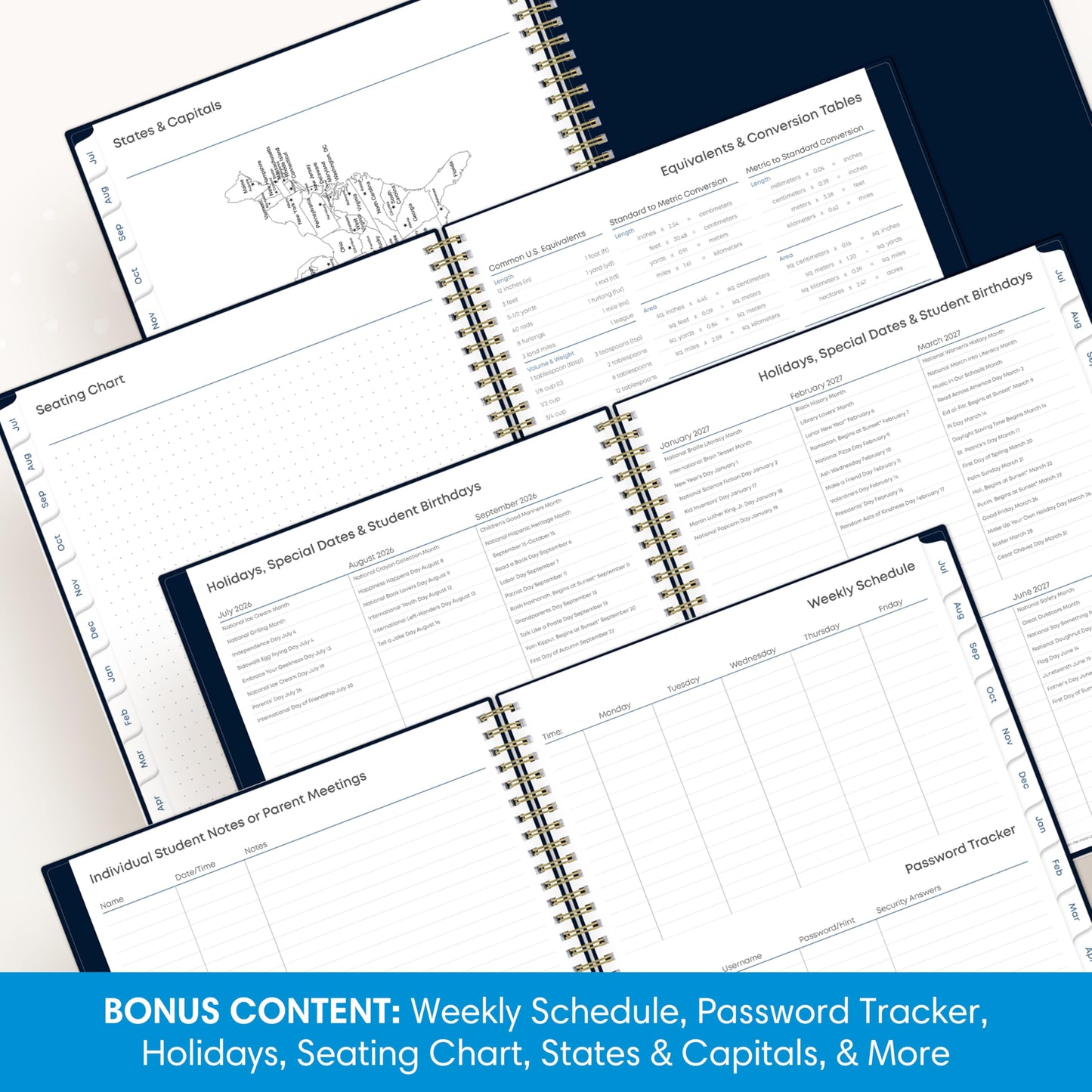 Blue Sky 2026-2027 Weekly and Monthly Academic Year Teacher Lesson Planner Calendar, July 2026 - June 2027, 8.5" x 11", Flexible Cover, Wirebound, Laminated Tabs, Storage Pocket, Solid Navy