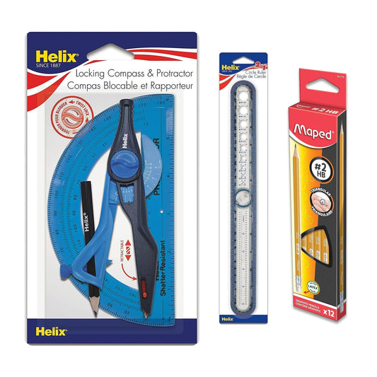 Helix Locking Compass & Protractor + Helix 12‑Inch 2‑in‑1 Ruler with Circle Templates + Maped Color’Peps Triangular Colored Pencils (12‑Pack) – Complete Geometry & Art Set