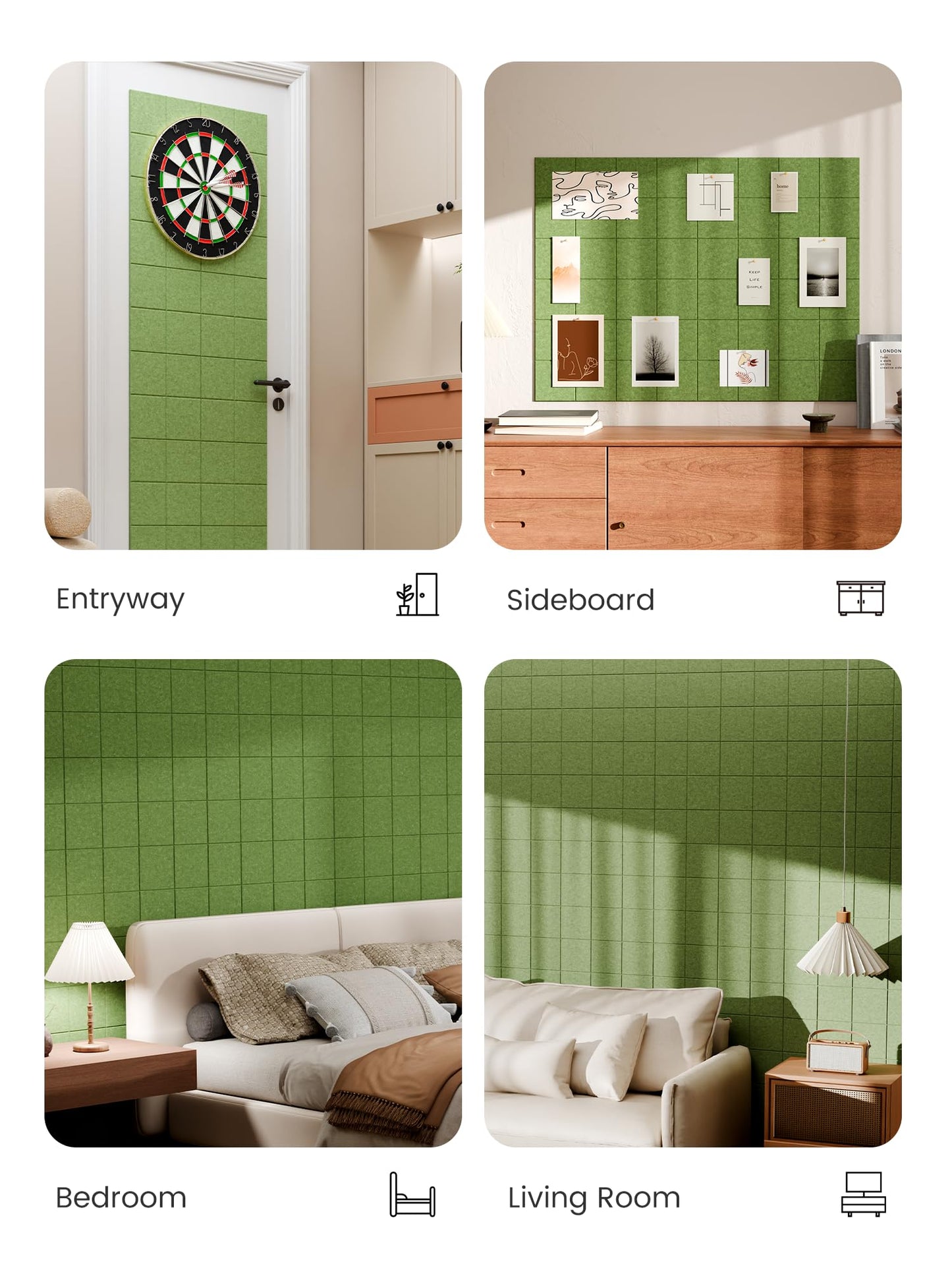 Bumusty Large Felt Bulletin Board, 48" x 36" Cork Board Alternative, 12-Pack Wall Tiles with 4-Compartment Design, 30 Push Pins, 70 Adhesive Tabs, Ideal for Office & Home Decor, Kelly Green