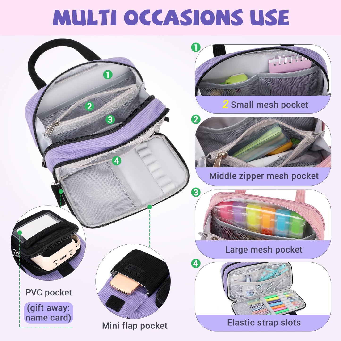 QIXIHU Pencil Case for Kids Girls Makeup Bag Women Cute Corduroy Pencil Bag with 5 Compartments Pencil Pouch Organizer Aesthetic School Supplies, Black Purple
