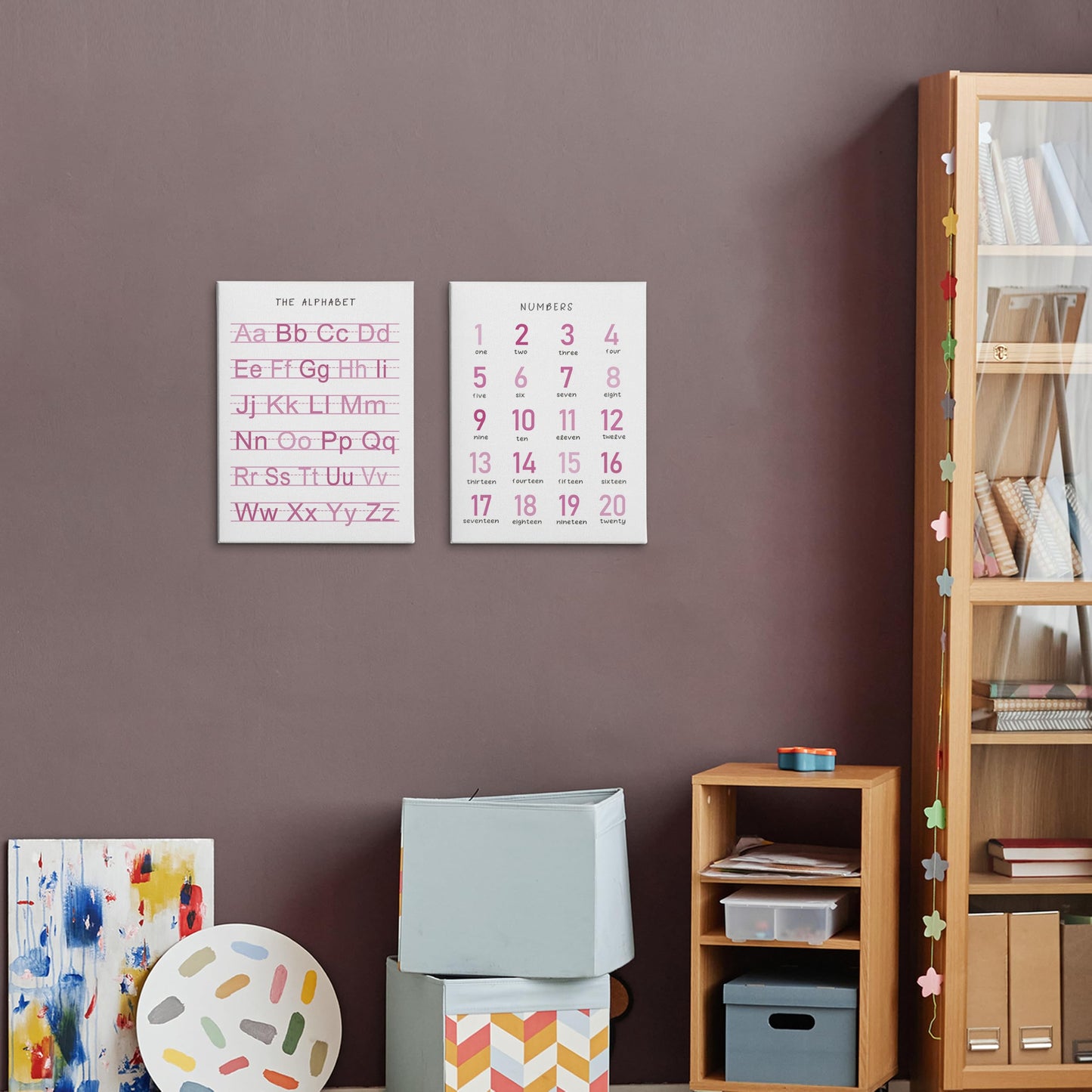HRQKO Alphabet Numbers Nursery Canvas Wall Art Set of 2, Pink Kids Room Decor Framed Art, ABC Numbers Educational Posters Wall Decor for Classroom Toddler Kids Nursery Bedroom Playroom, 11x14 inch