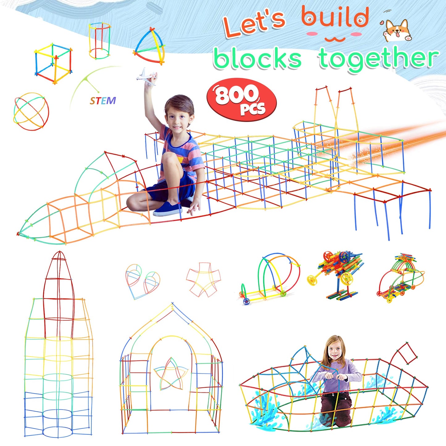 Ggiibro Straw Constructor Toys 800Pcs STEM Building Toy for 3+ Year Interlocking Plastic Engineering Toys Thin Tube Blocks Educational Toy Kit for Indoor Kids Toy with a Storage Box