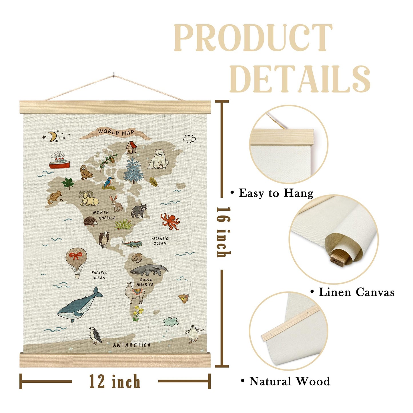 BCUANGD Classroom Wall Decor - Toddlers Kids Wall Art Poster Hanger with Wood Frames Set of 2, Educational Maps Wall Hanging Canvas Decor for Playroom Nursery Toddler Kids Room, 12x16 Inches