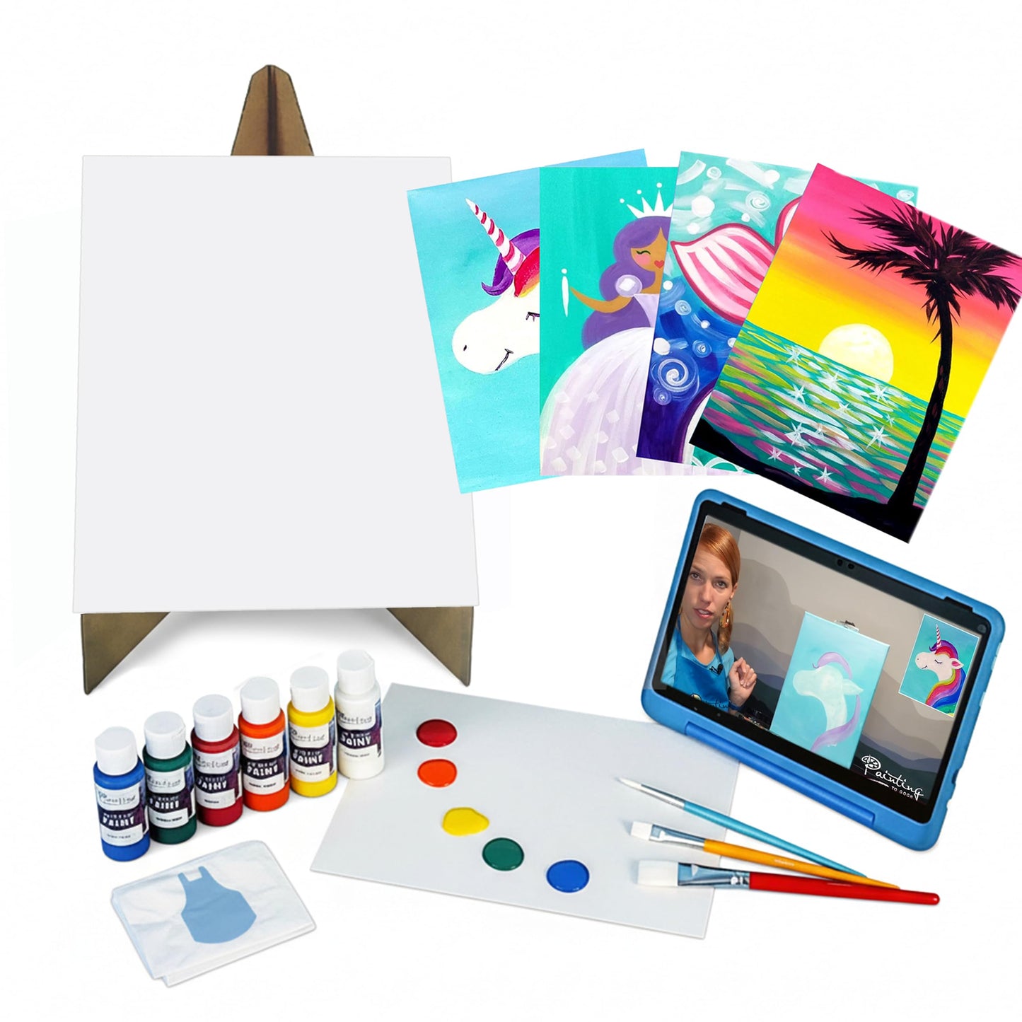 Painting to Gogh – Magic Sparkle Bundle – 4-in-1 Kids Painting Kit – 4 Canvases, Set of 3 Brushes, Acrylic Paint, Easels, Palettes, Aprons & Step-by-Step Tutorials – Fun Art Set for Kids –Ages 6 to 12