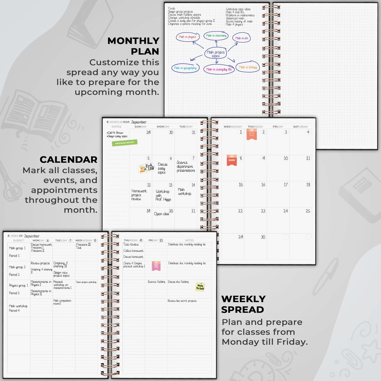 Clever Fox Teacher Planner Spiral – School Year Planner with Calendars & Lesson Plans – Teacher Plan Book for Classroom & Homeschool Organization - Undated, 7.9x10″ (Black)