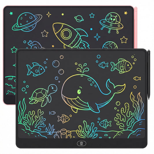 16 Inch LCD Writing Tablet for Kids 2 Pack, Large Drawing Board Doodle Pad, Colorful Screen Erasable Sketch Tablet, Travel Toys and Reusable Learning Gift for Boys Girls（Pink & Black
