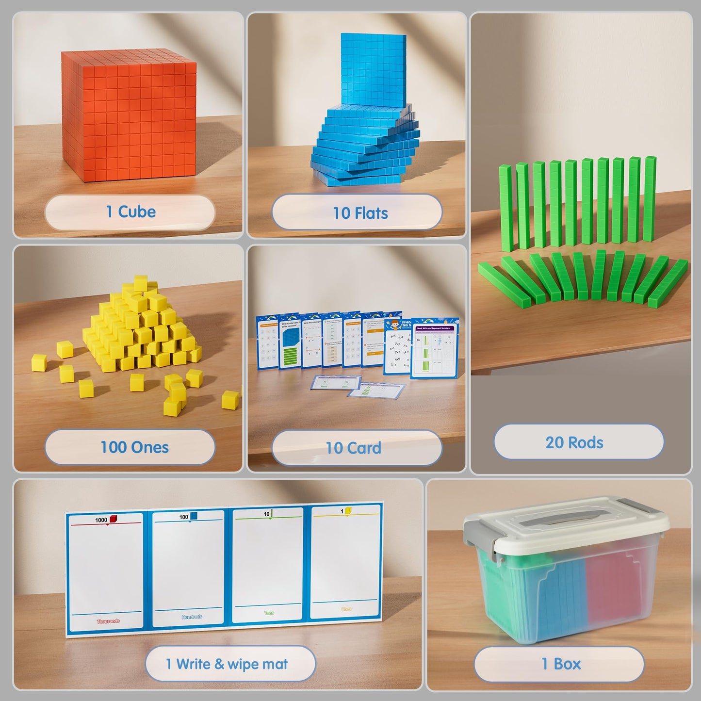 TOMMYHOME Base Ten Blocks with Place Value Chart - Math Manipulatives for Kids.Counting Blocks for Math to Help Educate Kindergarten Teachers.