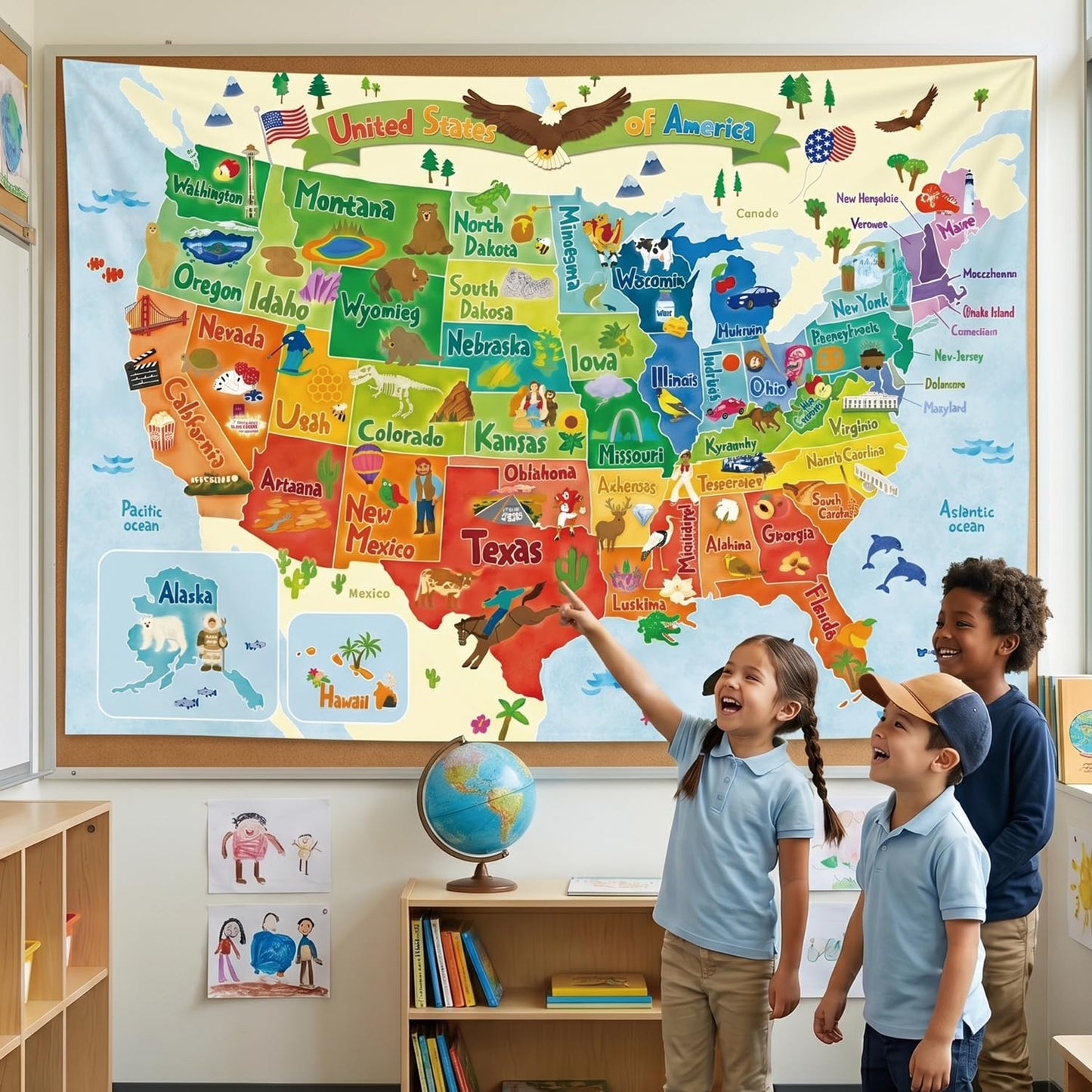 BASHOM TP-008 United states MAP Tapestry 60''x40''(150x100cm) Poster for Kids Educational learning Wall Hanging for Bedroom Living Room Nursery Dorm Home Decor USA America US map