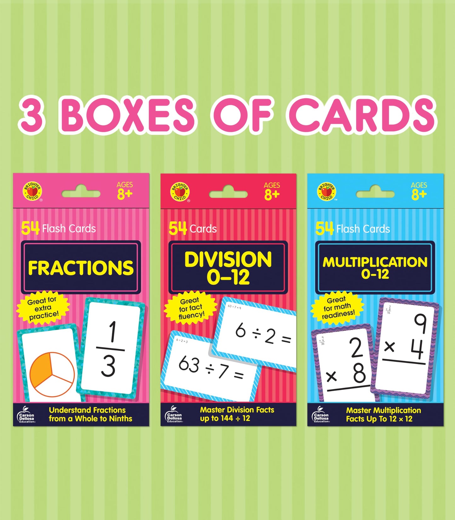 Carson Dellosa Education Division, Fractions, and Multiplication Flash Cards, 3 Sets of Flashcards, Math Games for Kids 8-12, 3rd Grade Mathematics Practice and Up