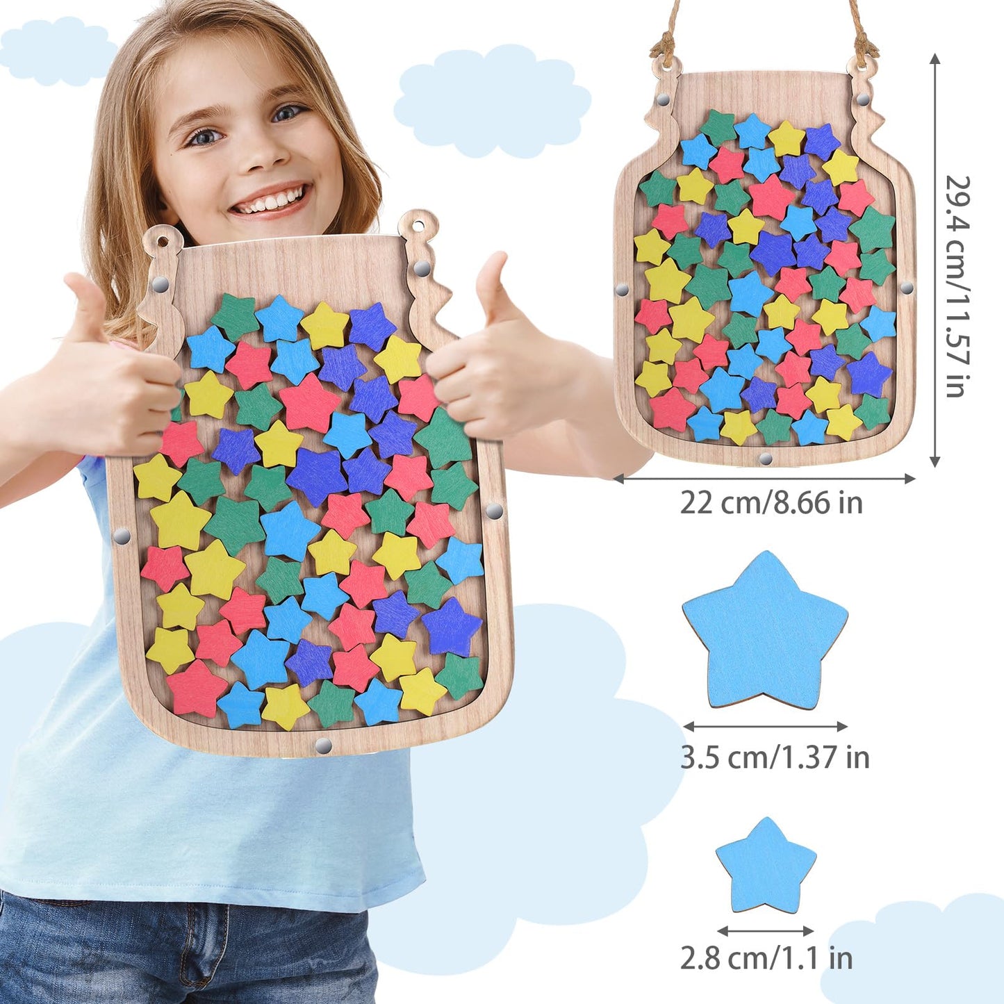Zhanmai 11.57 x 8.66" Classroom Reward Jar for Kids Behavior Chart for Classroom Star Reward System Hanging Wooden Home Behavior Jar for Boys Girl Management Board Tools Incentive(Star,Wood)