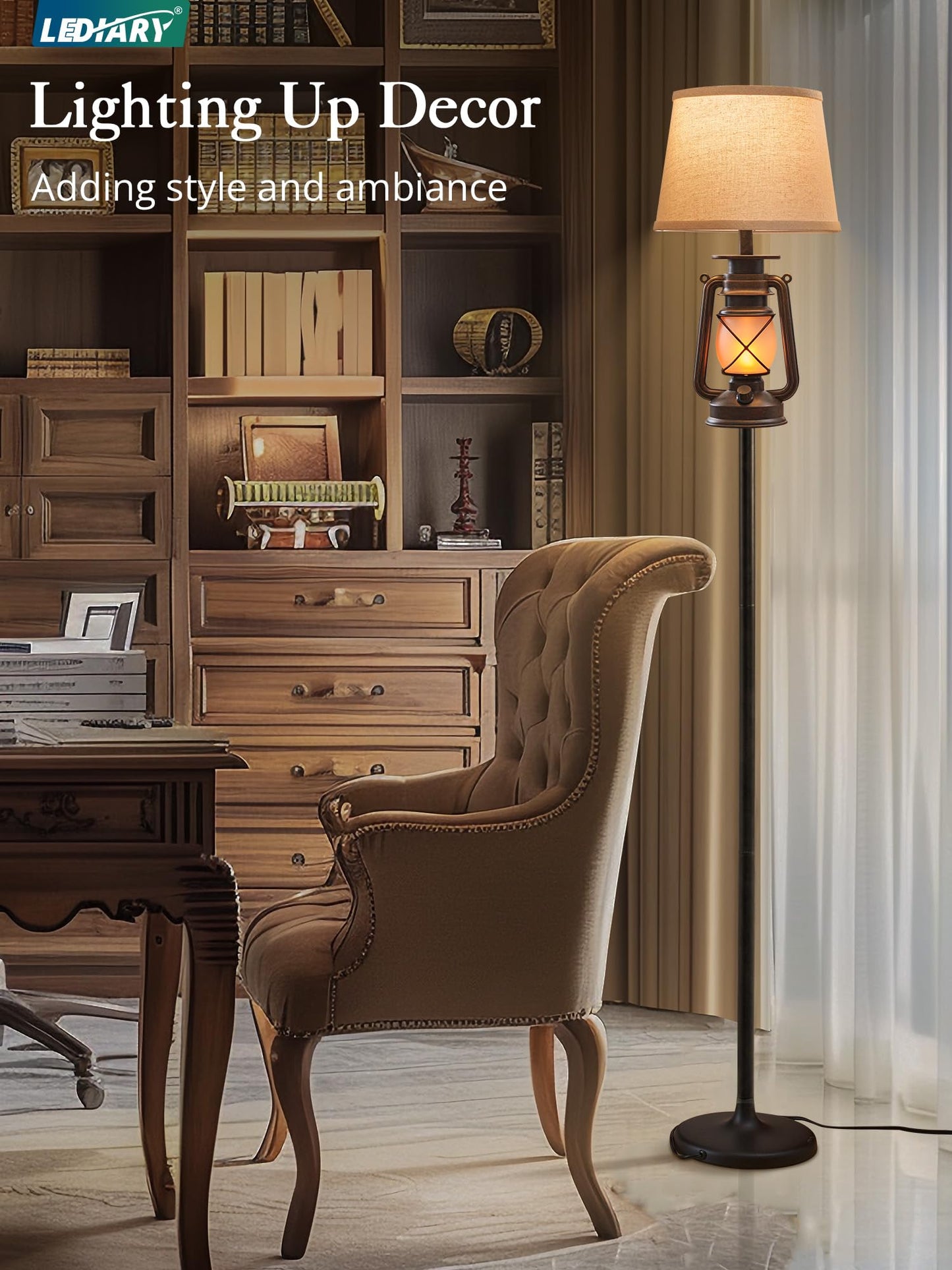 LEDIARY LED Flashing Flame Night Lantern Floor Lamp, Beige Linen Shade, Rustic Design, Bronze Brown & Black, Model LDD