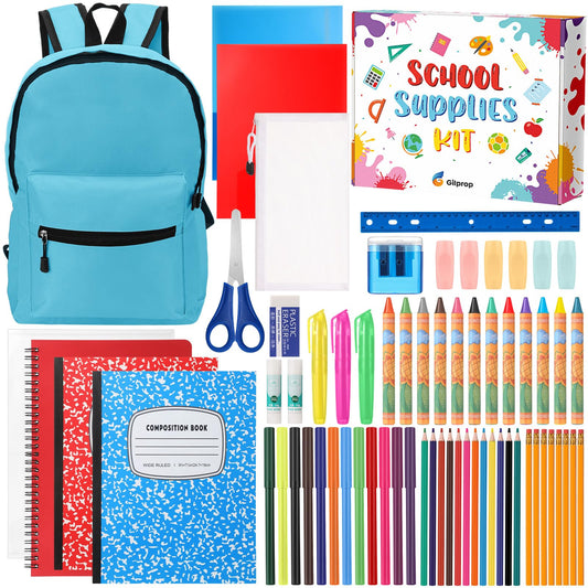 Gilprop 79 Pcs Back to School Supplies Box for Kids K-5 Students Elementary Middle School Supplies Kit Bundle Bulk Essential Pen Notebook Stationery for Primary Student Classroom(Blue)