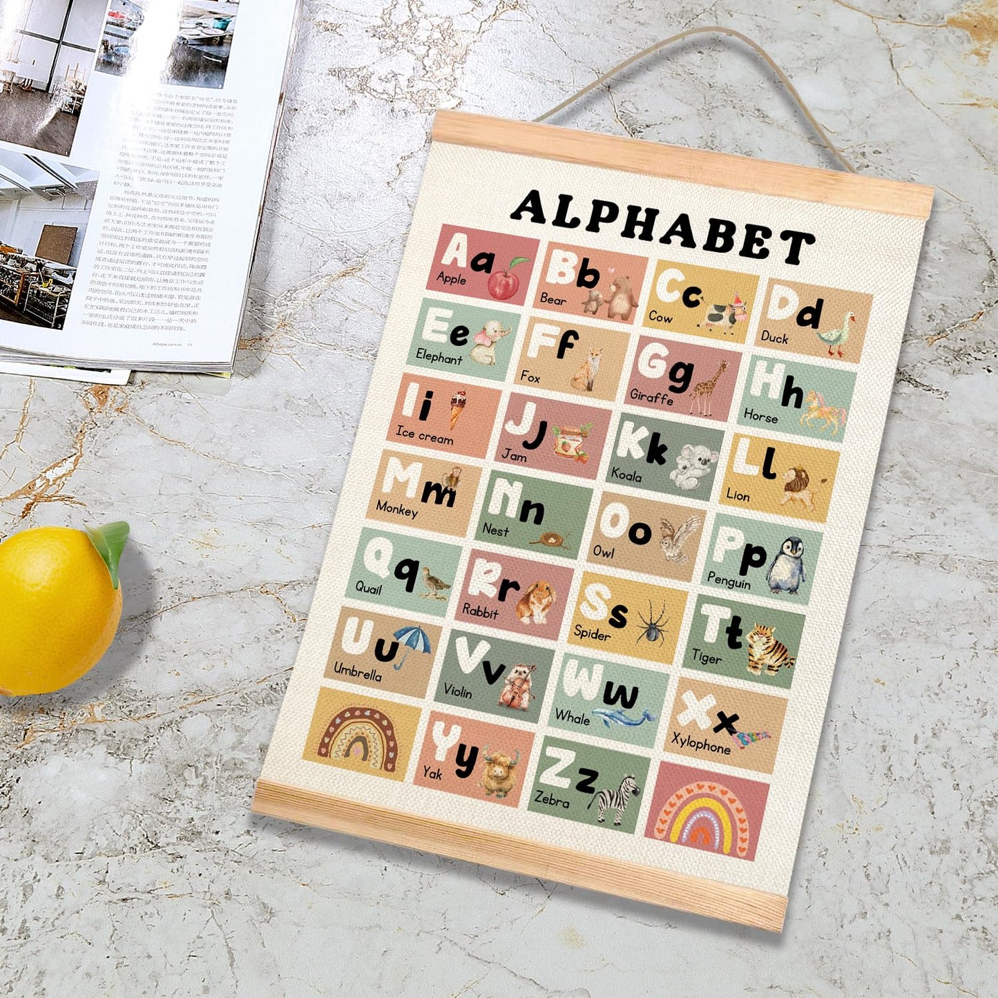 Educational Alphabet Chart Wall Art, 18.5x14Inch Colourful Alphabet Canvas Print Poster with Wooden Henger, Classroom Learning Posters, A-Z Letters Wall Art Decor for Nursery,Playroom and Home School