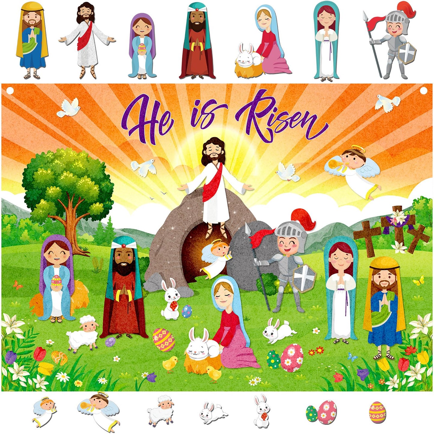 Tiamon Easter Felt Set Make an Easter He Lives Felt Scenes Resurrection Story Board Set with 14 Pcs Detachable Ornaments Wall Decor Jesus Crafts Kit for Party Spring Activity