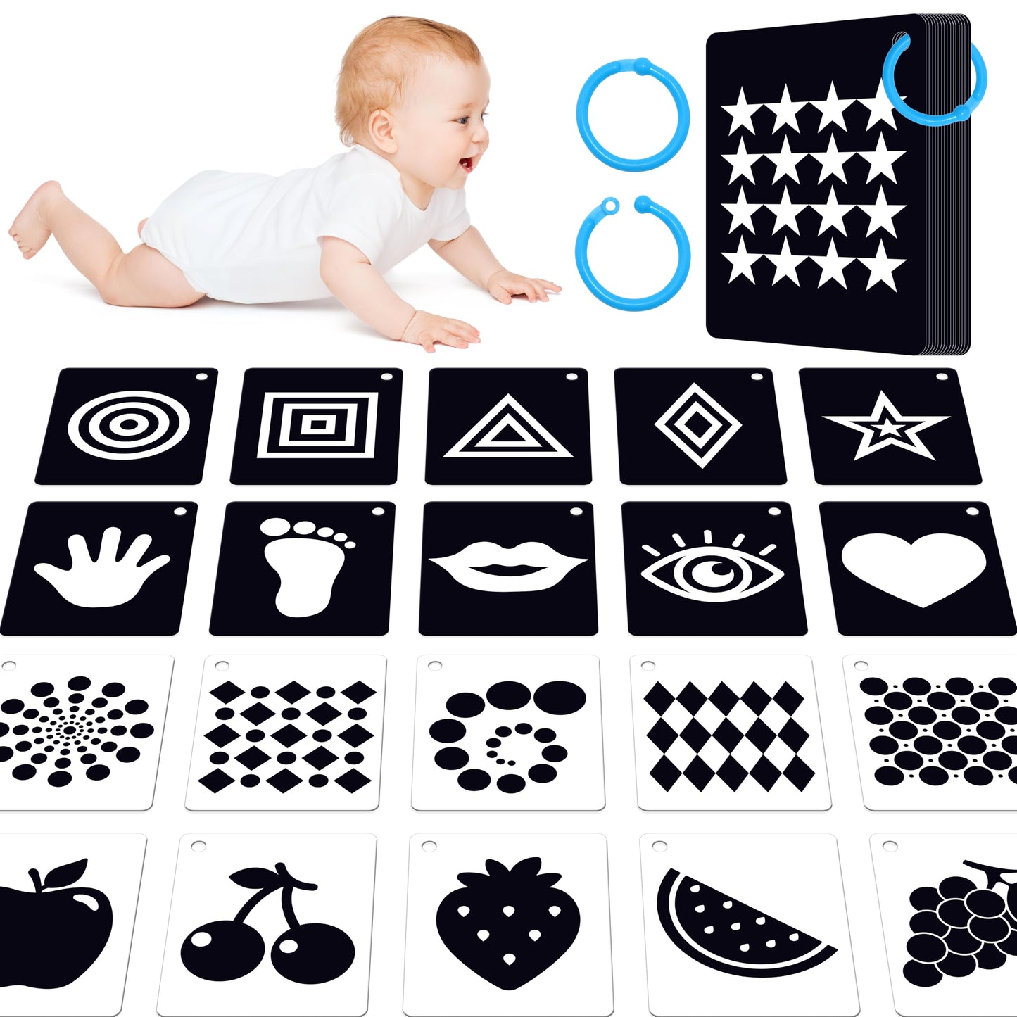 50PCS High Contrast Baby Flashcards, 100 Pages Black & White Visual Stimulus Flash Cards, Brain Development Cards Set Montessori Sensory Toys for Infants Newborn Boy Girl Baby Tummy Time (0-3 Months)