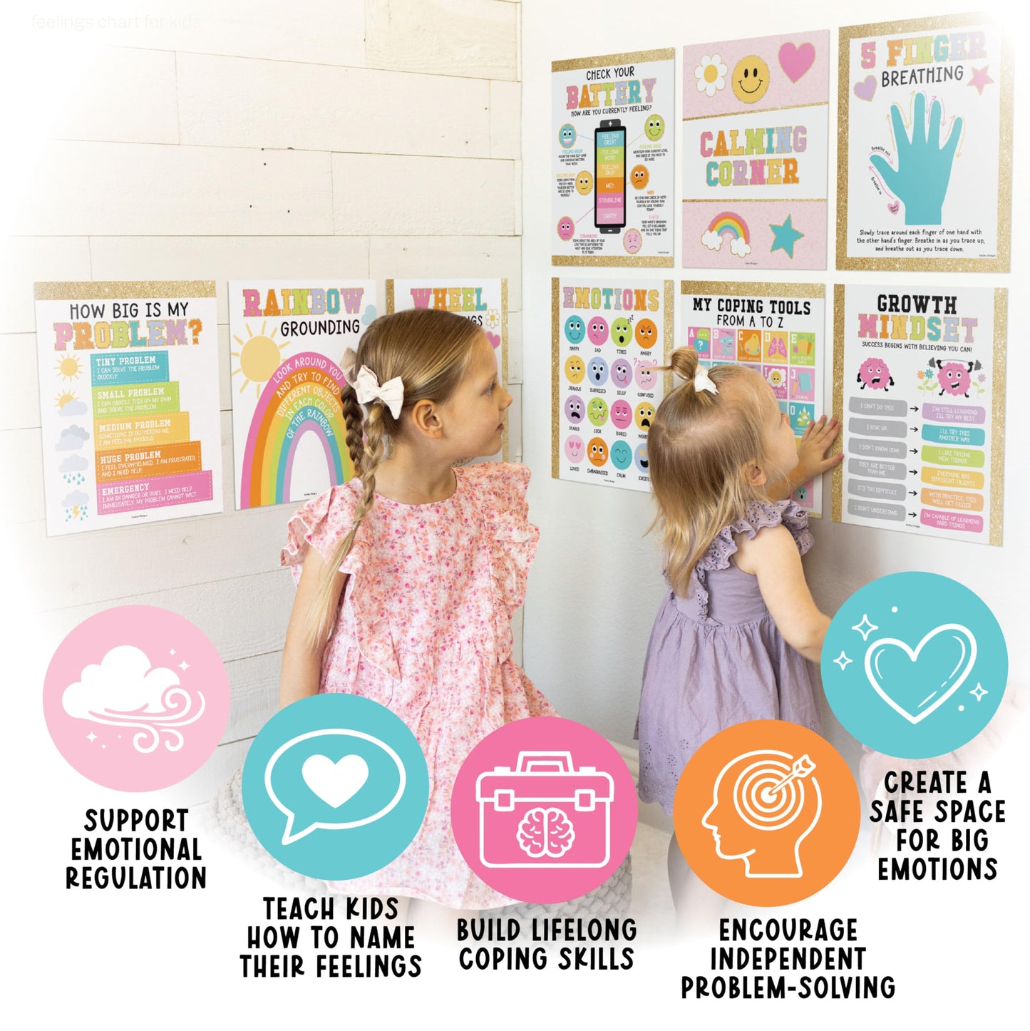 Hadley Designs 9 Calming Corner Posters for Classroom Must Haves - Calm Down Corner Supplies with Emotions Chart, School Counselor Mental Health Poster, Feelings Chart For Kids, Gold Classroom Decor