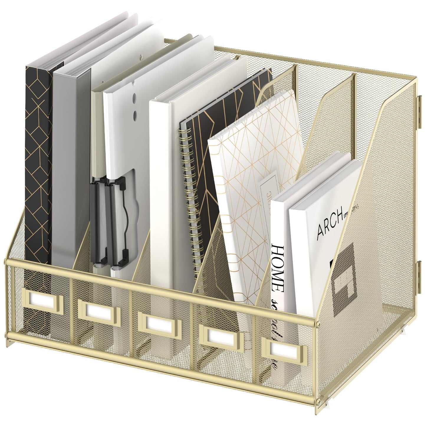 SUPEASY Desk Organizers Metal Desk Magazine File Holder with 5 Vertical Compartments Rack File Organizer for Office Desktop, Classroom, Home Workspace, Golden Yellow