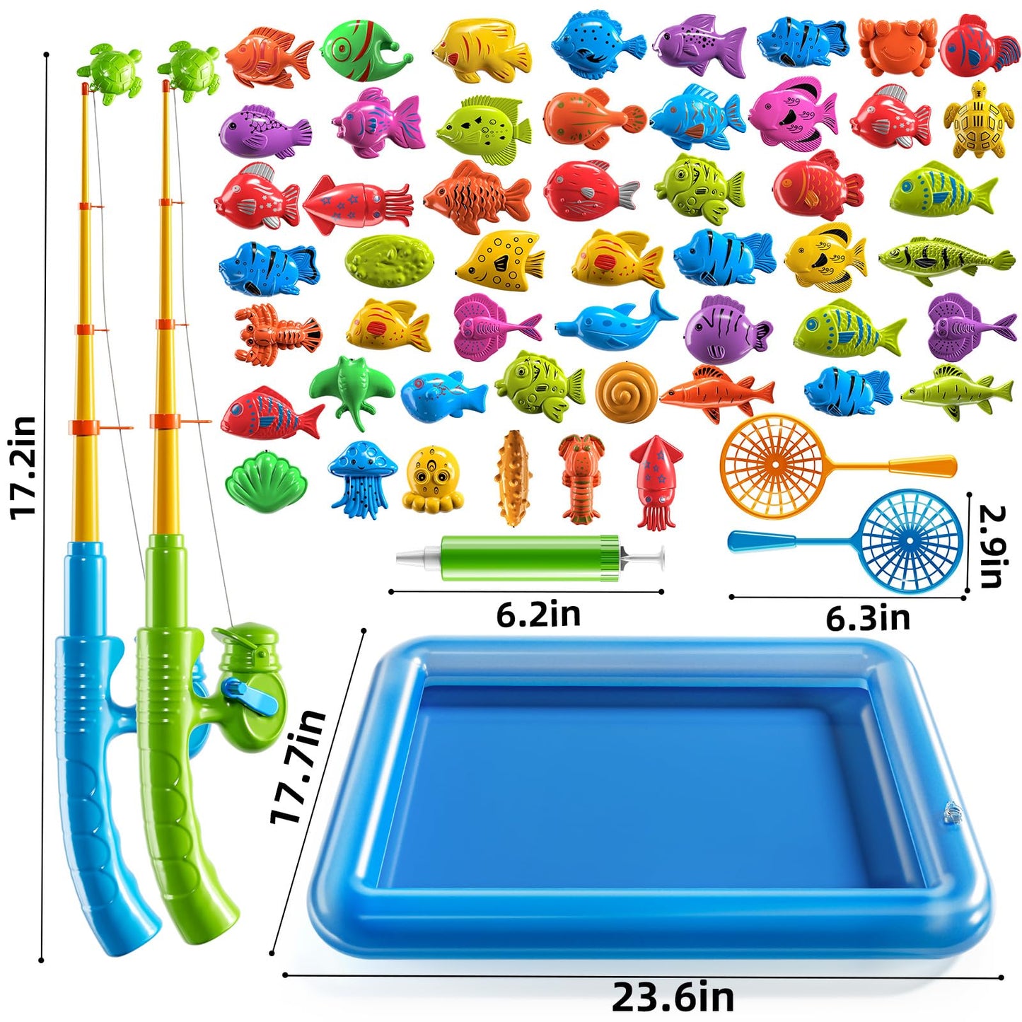 PEADUCK Magnetic Fishing Game Pool Toys Set for Kids 3-5, Water Table Bathtub Toys with Inflatable Pool Pole Rod Net Plastic Floating Fish, Outdoor Toys for Kids Boys Girls Age 3 4 5 6 7 8 Year Old