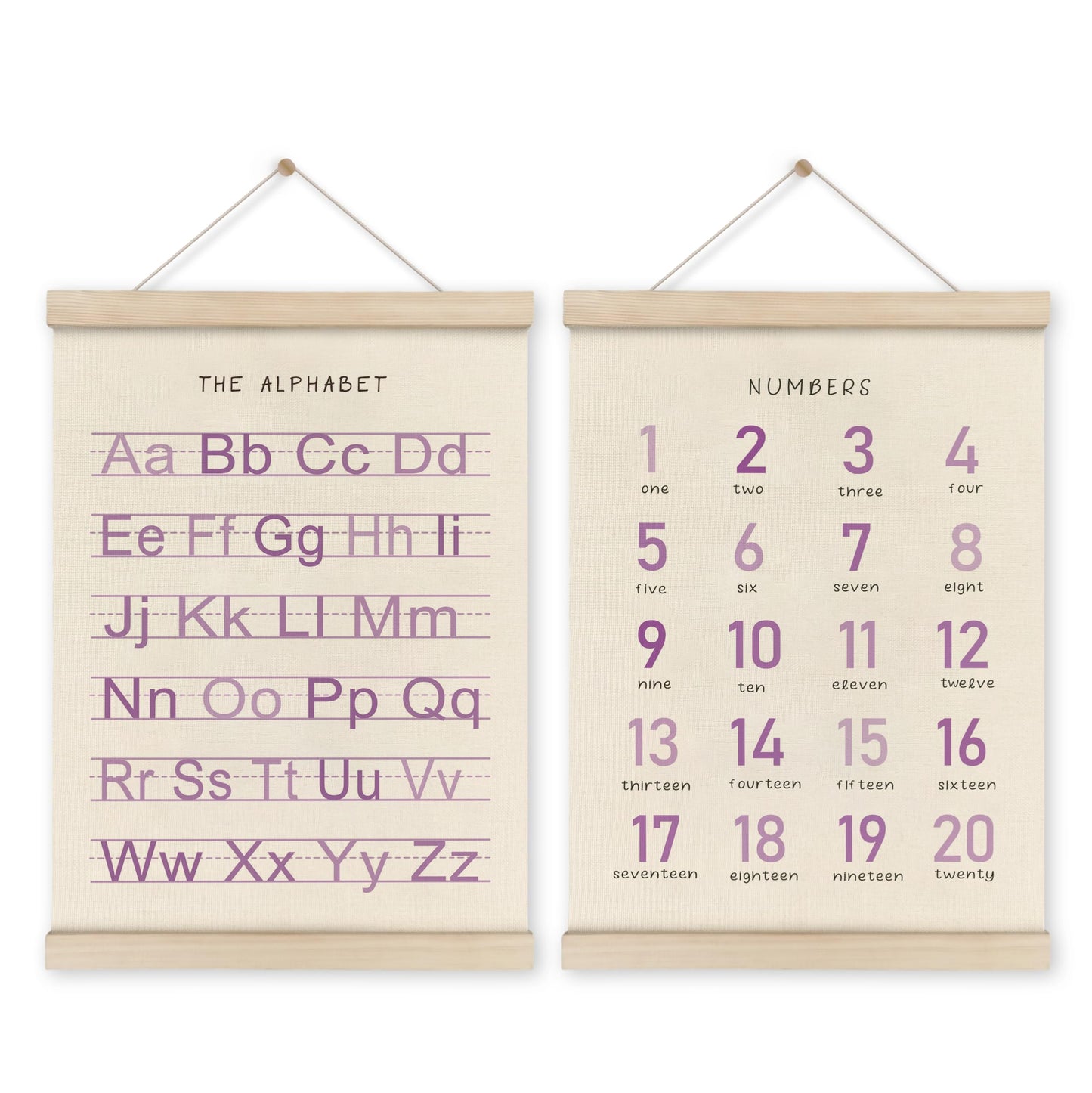 HRQKO Alphabet Numbers Poster Hanger Frame Set of 2, Girls Nursery Wall Decor, Boho ABC Poster Wall Art with Wooden Frames, Purple Alphabet Banner Wall Hanging Decor for Toddler Playroom, 12x16 Inch