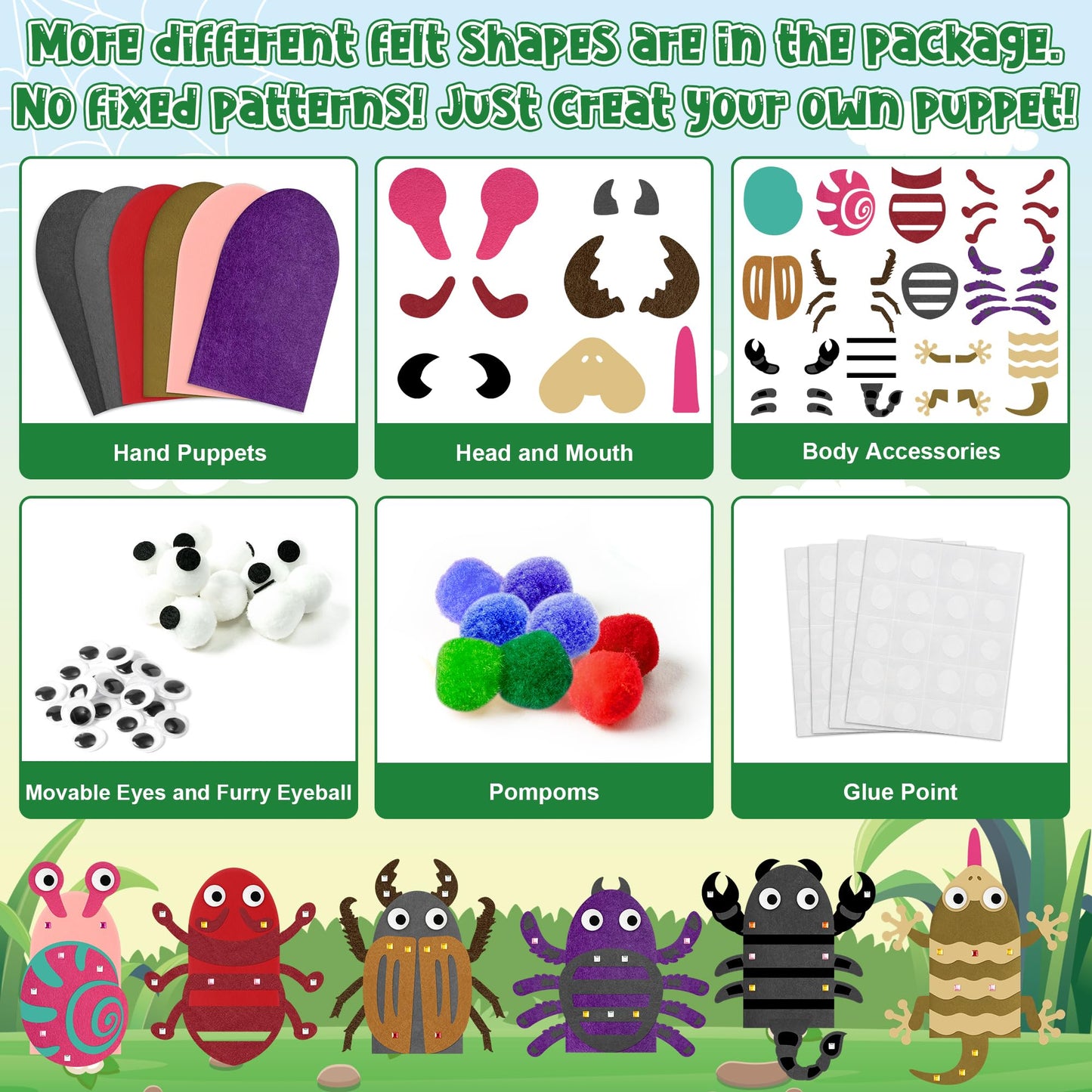 WATINC 6Pcs Hand Puppet Making Kit, Art Craft Felt Sock Puppet Toys, Creative DIY Make Your Own Pompoms Wiggle Googly Eyes Storytelling Role Play Party Supplies Gift for Girls Boys (Insect Animals B)
