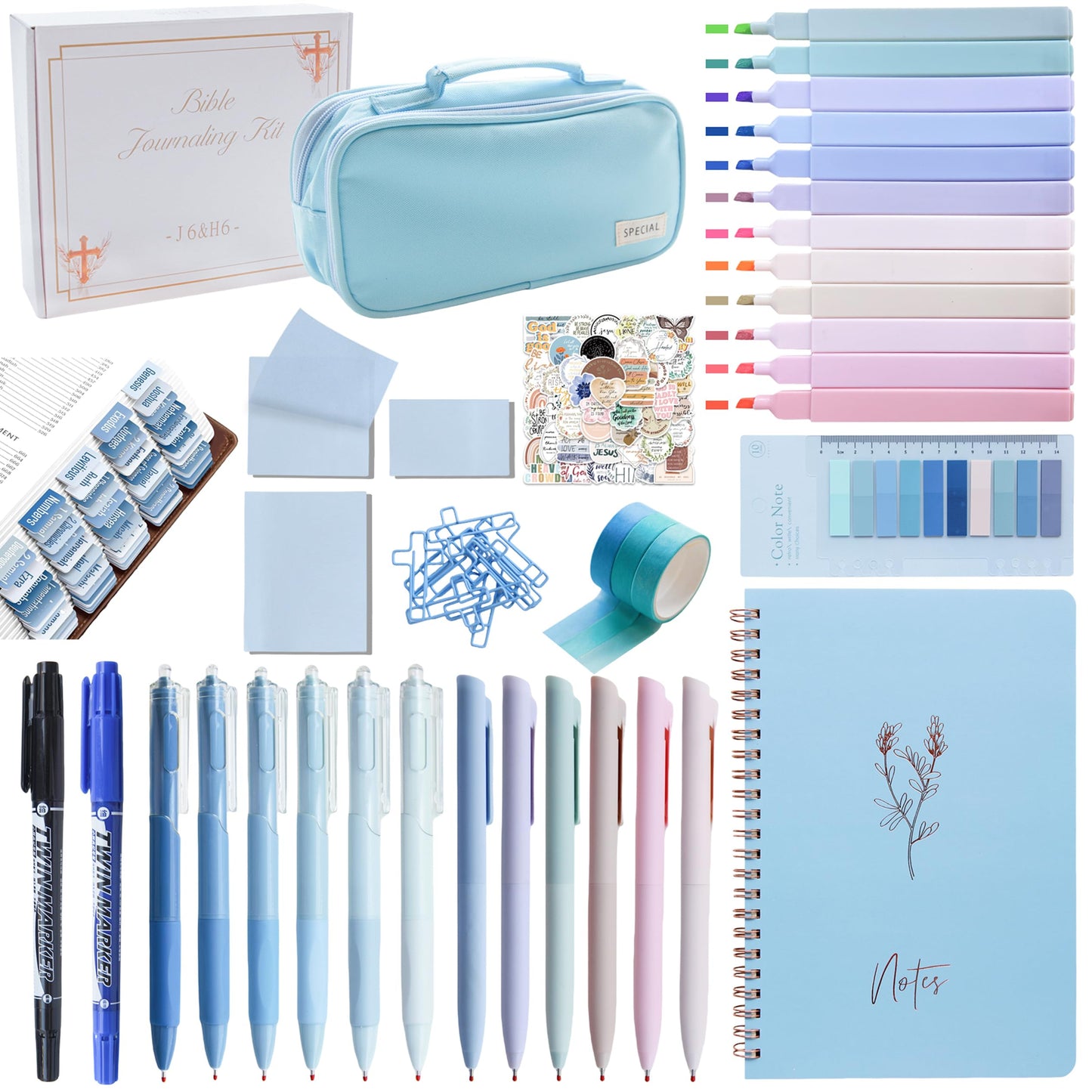 J6&H6 170Pcs Complete Bible Study Supplies Journaling Kit with Tabs, Highlighters and Color Pens, Notebook,Stickers & More Bible Accessories Set for Women, Beginner Christian Gifts(Blue)