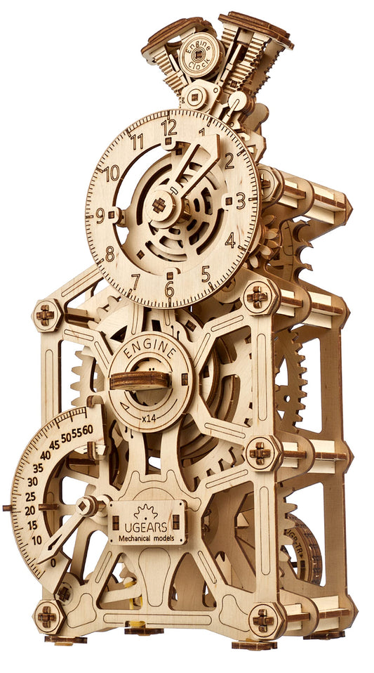 UGEARS Engine Clock 3D Wooden Puzzles for Adults – Wooden Model Kits for Adults, Mechanical Clock Kit with Moving Pistons, Steam Engine Kits, Clocks Kits for Do It Yourself, Brain Teaser 3D Puzzle