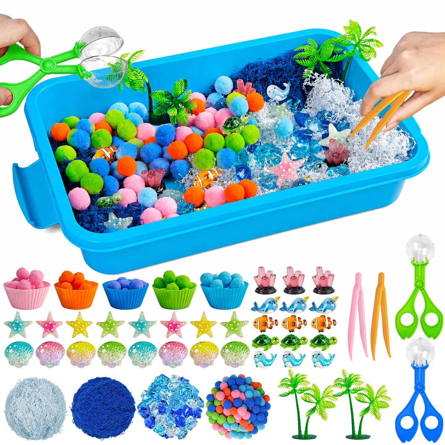 Cinrobiye 170 Pcs Ocean Animals Sensory Bin Fillers Set with Storage Box, Sea Animals, Shells, Sea Stars and Under The Sea Accessories for Picnic Sensory Bins, Classroom Activities, Home Projects