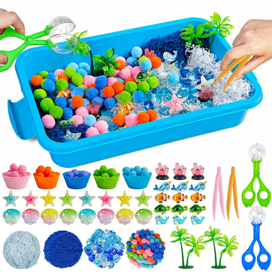 Cinrobiye 170 Pcs Ocean Animals Sensory Bin Fillers Set with Storage Box, Sea Animals, Shells, Sea Stars and Under The Sea Accessories for Picnic Sensory Bins, Classroom Activities, Home Projects