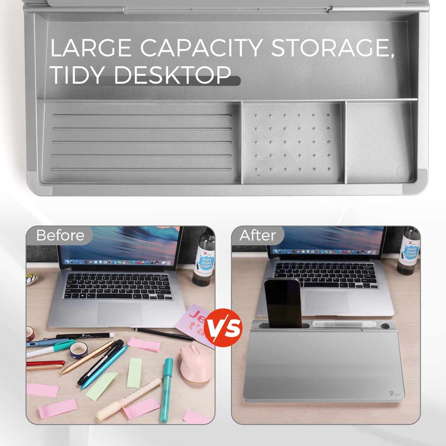 TOWON Small Compact Glass Desktop Whiteboard with Storage – 12 x 7 in Dry Erase Board for Desk, Home Office, School | Includes 5 Markers, Eraser & Holder | Space-Saving Organizer, Metallic Silver