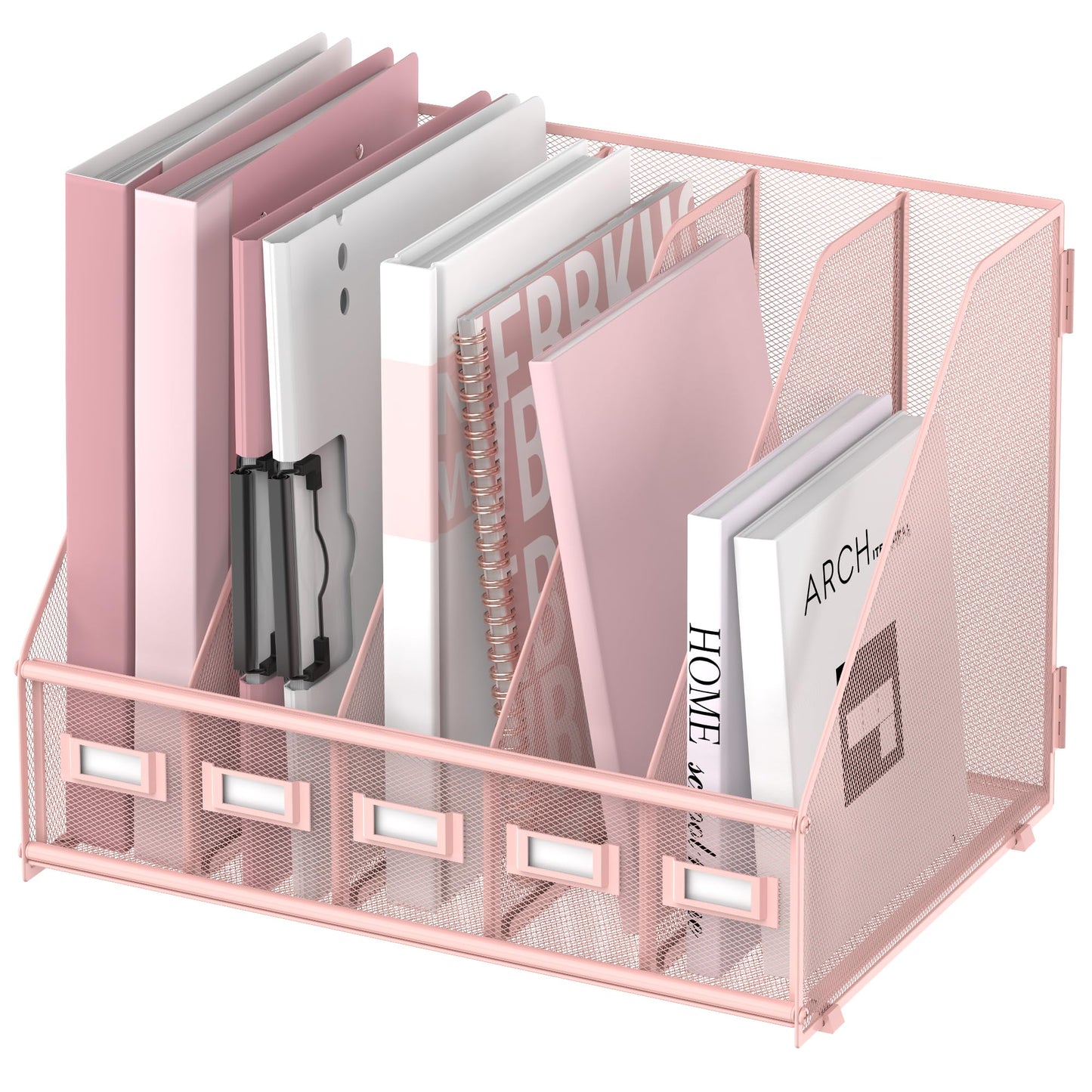 SUPEASY Desk Organizers Metal Desk Magazine File Holder with 5 Vertical Compartments Rack File Organizer for Office Desktop, Classroom, Home Workspace, Pink