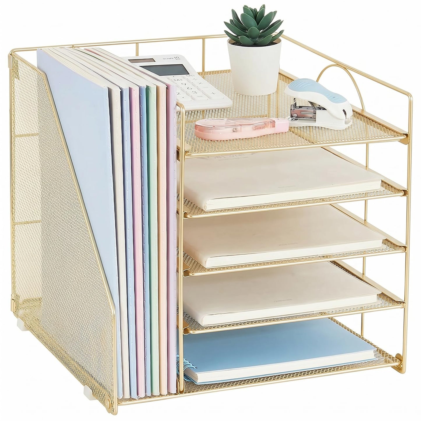 LEKETREE Desk Organizers and Accessories, 5-Tier Paper Letter Tray Organizer with File Holder, Desktop Organizer for Office Supplies (Gold)