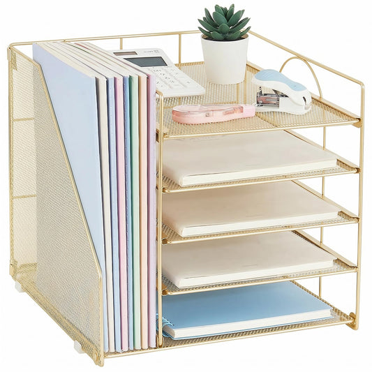 LEKETREE Desk Organizers and Accessories, 5-Tier Paper Letter Tray Organizer with File Holder, Desktop Organizer for Office Supplies (Gold)