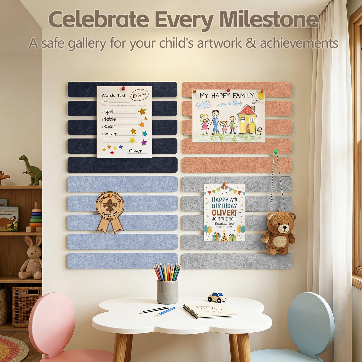GoTiling Cork Board for Walls - 8 Pack Felt Pin Board Bar Strips - Self-Adhesive Lightweight Bulletin Board - Cork Board for Office with 40 Push Pins No Damage for Wall