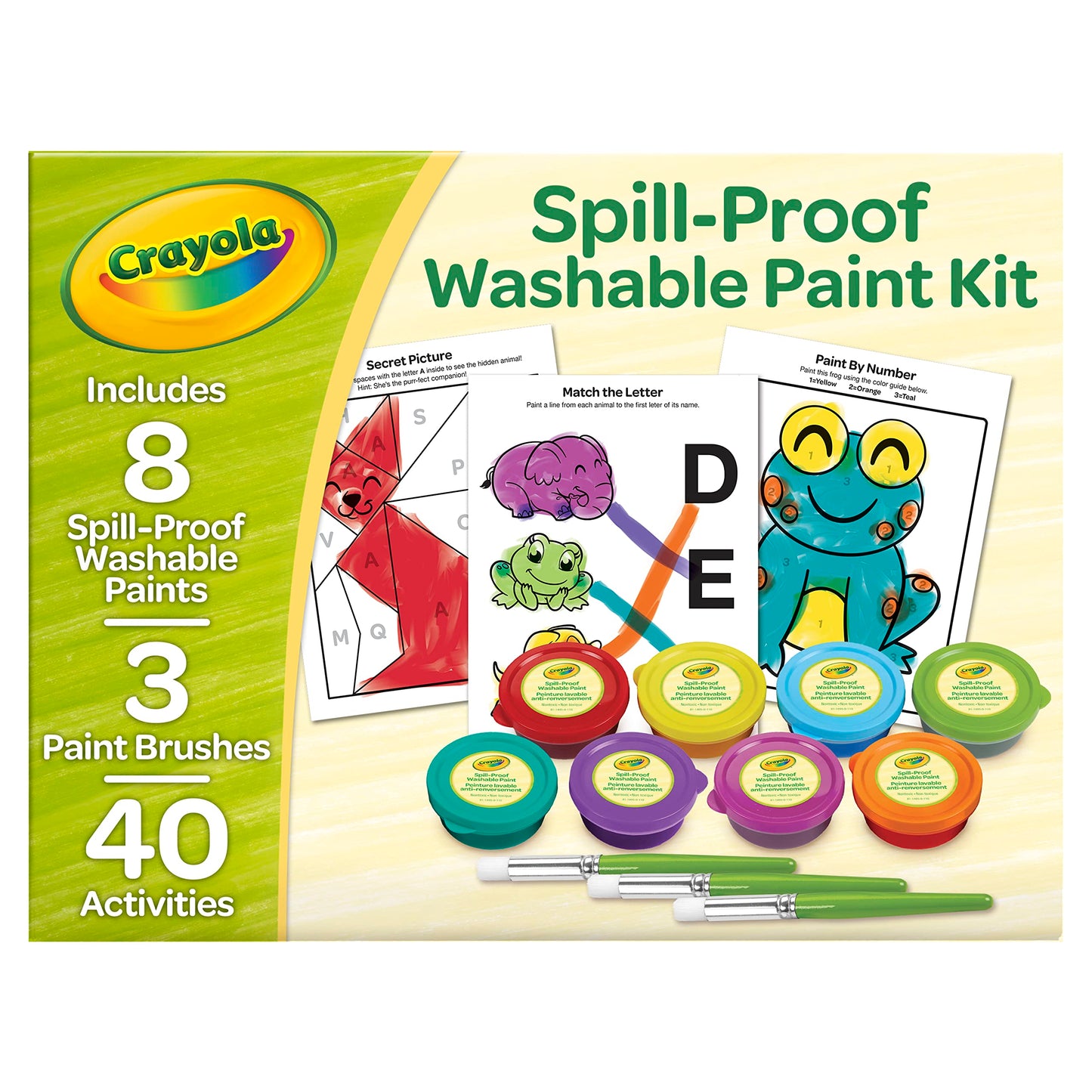 Crayola Spill Proof Paint Set (8ct), Washable Toddler Paint Kit, With Brushes, Pots, Activity Pages, Arts & Crafts Kit, Gift for Toddlers, Ages 3+