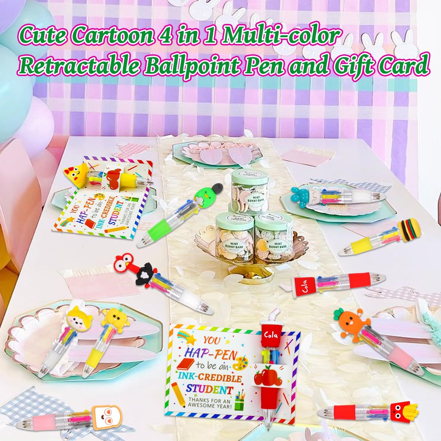 CZWZ 30 Set Cute Multicolor Pens in One 4-in-1 Fun Pens Bulk with 30 Gift Cards for Kindergarten Party End of Year Student Gift Bulk Office School Exchange Gifts