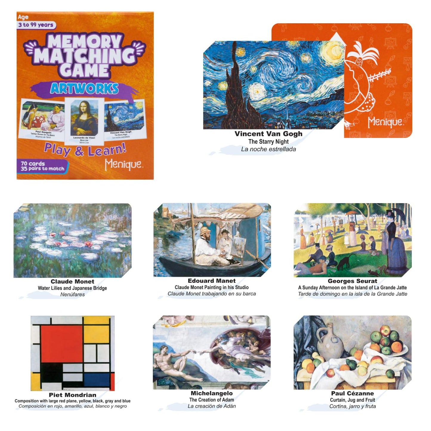Menique Memory Matching Game – Famous Paintings for Adults & Kids – 70 Cards (35 Pairs) – Bilingual Art Game – Educational & Concentration Activity