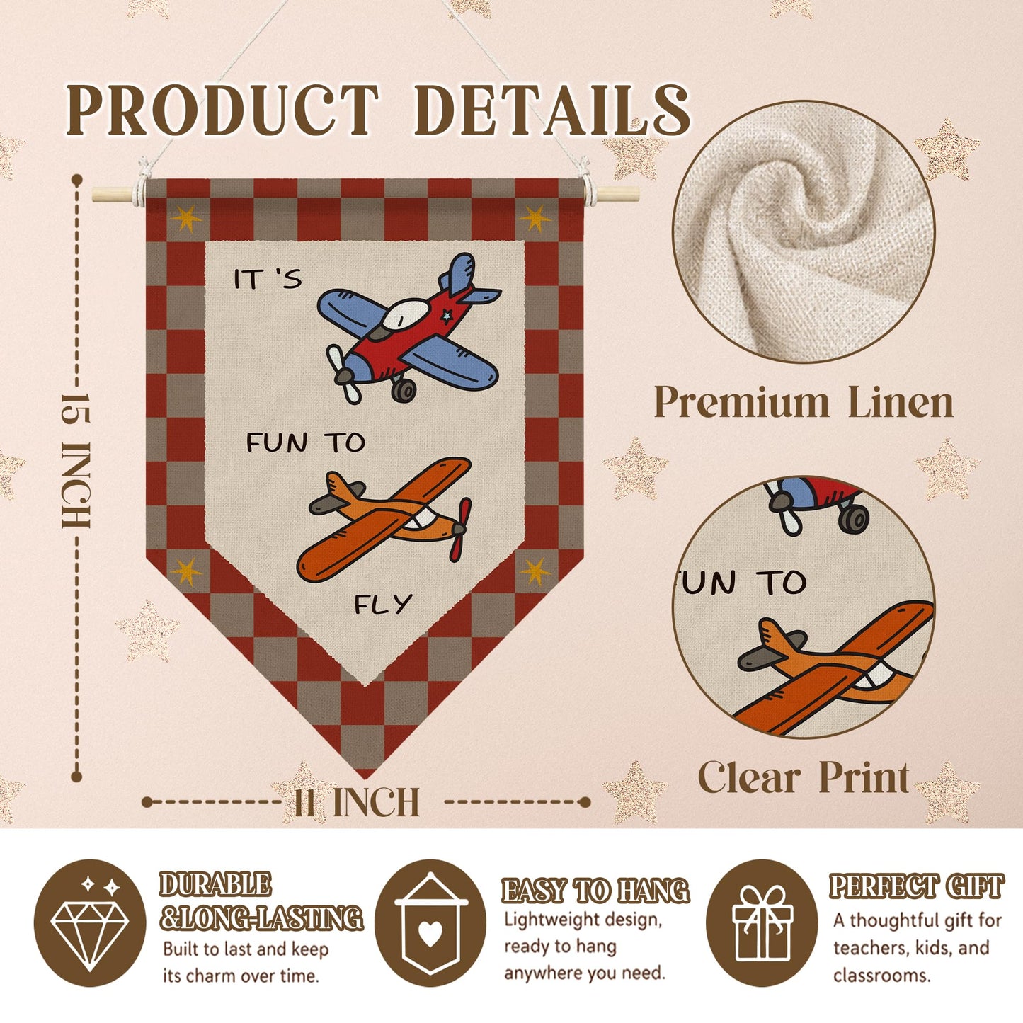 RUKUPA Airplane Nursery Wall Art Decor, Kids Playroom Hanging Pennant Flag, Airplane Aviation Retro Red Checkered Wall Art Poster Hanger for Kids Boys Nursery Room Playroom Bedroom Decor, 11x15 Inch
