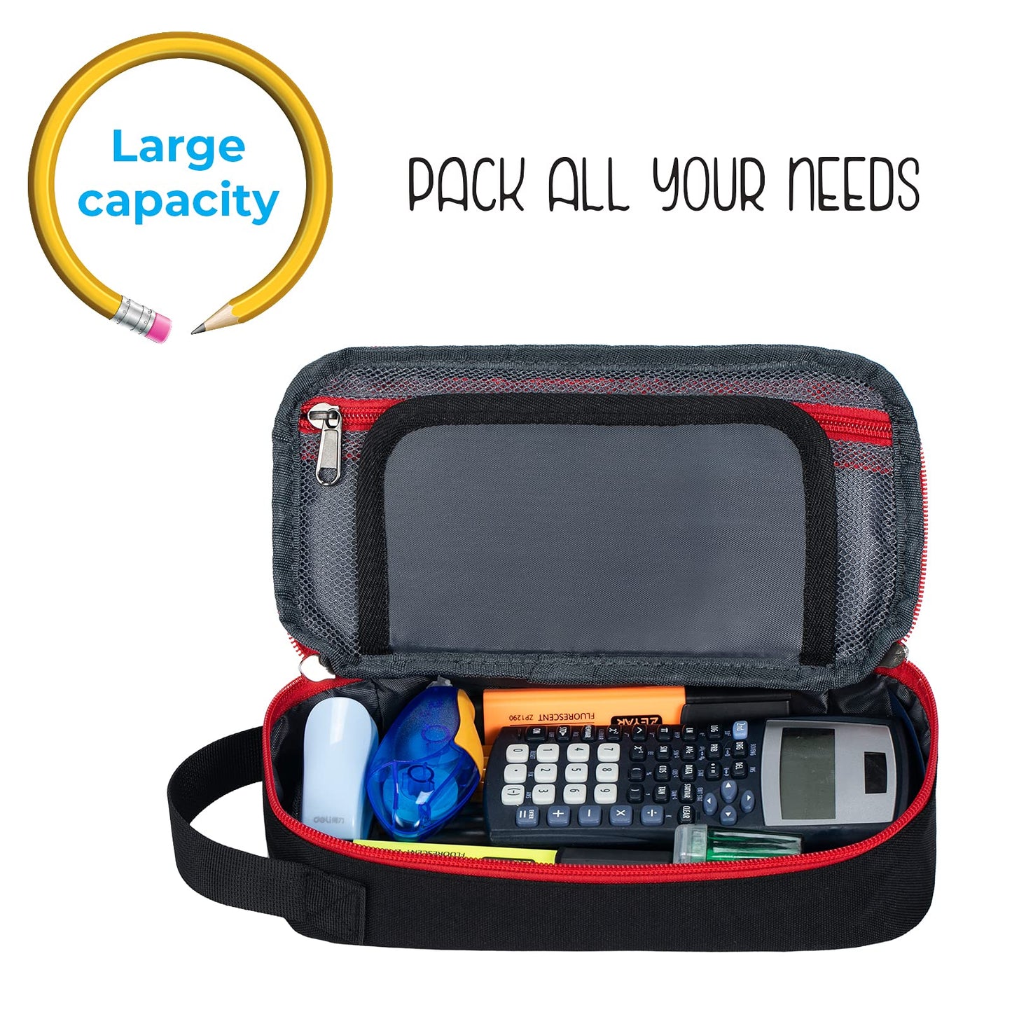 ECHSRT Large Pencil Case, Aesthetic Pen Pouch with Big Capacity, Minimalist Portable Stationery Bag with Handle for Office Organizer Black Pencil Cases