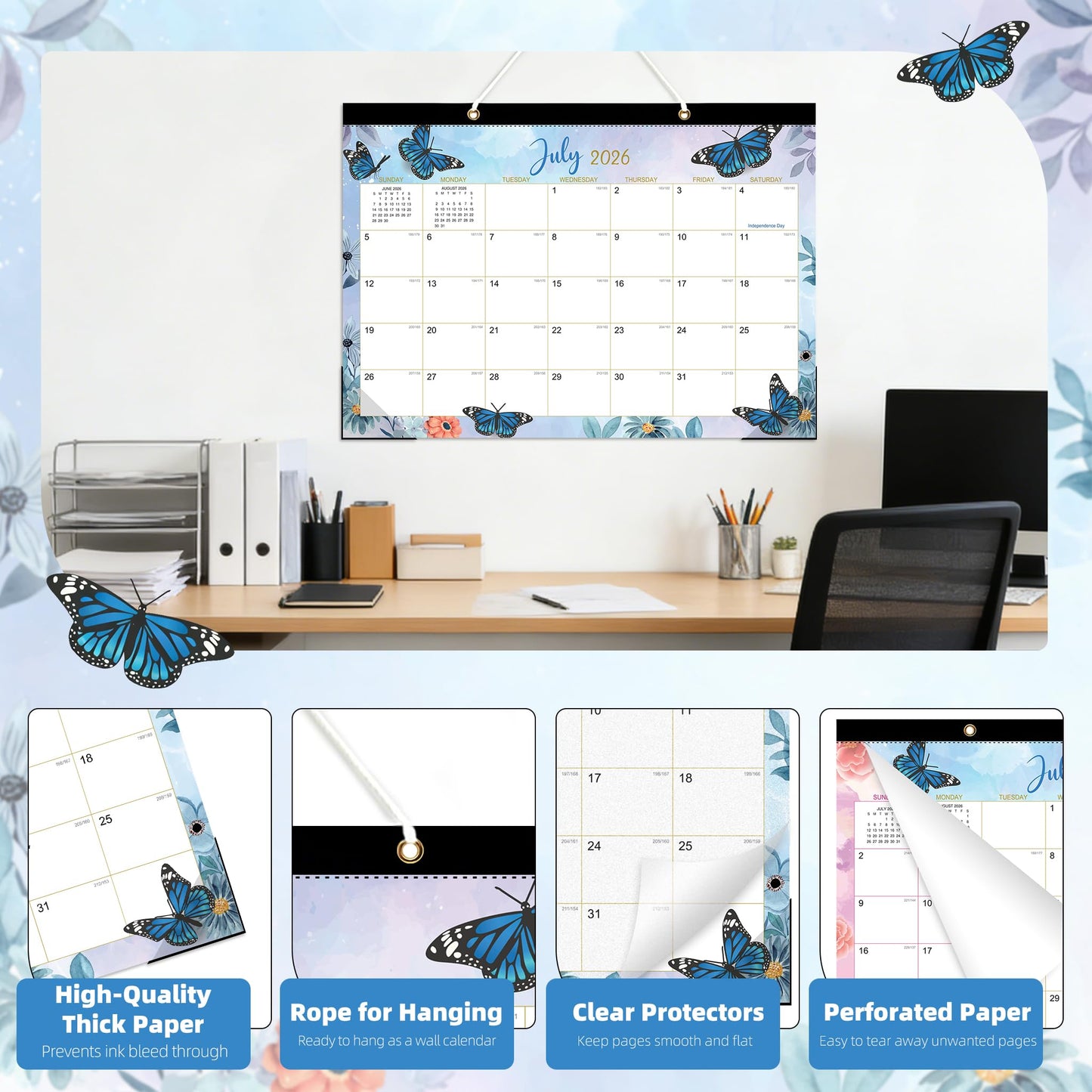 ZTX Desk Calendar 2026-2027,18 Month Academic Desk Calendars,17"x12" Jul.2026-Dec.2027 Calendar with Clear Plastic Cover for Teacher School Year Home Butterfly