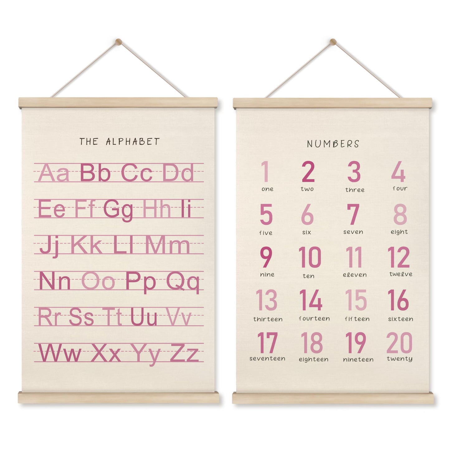 HRQKO Alphabet Numbers Poster Hanger Frame Set of 2, Pink Girls Nursery Wall Decor, ABC Poster Wall Art with Wooden Frames, Pink Alphabet Banner Wall Hanging Decor for Toddler Playroom, 16x24 inch